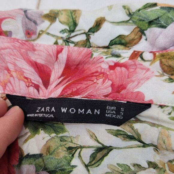 Zara floral rose peony mulitcolor blouse V neck button long sleeve - Picture 4 of 8